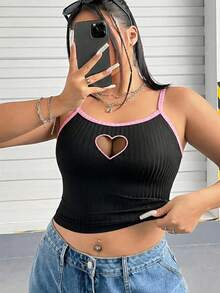 SHEIN EZwear 2024 Spring/Summer Valentine's Day Plus Size Hollow Out Mesh Embroidery Camisole & Tank Top - Pink - View 3