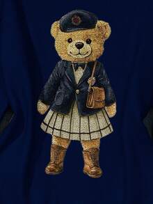 Attitoon Casual Retro Style Back To School Collegiate Vintage Look Cute Bear Graphic Knit Sweater For Women, Suitable For Autumn/Winter - Navy Blue - View 3