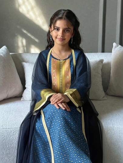 SHEIN Ensemble de 2 pièces pour jeune fille : robe longue noire et dorée élégante et luxueuse avec ruban doré et cardigan en maille