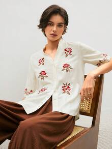 2026 Studio Camisa casual de mujer con decoración de bordado floral de manga corta - Blanco - Ver 2