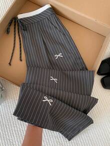 Comfortcana Women's Casual Everyday Striped Bow Print Pants - Grey - View 1