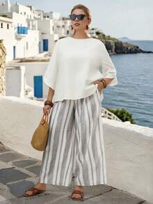 SHEIN LUNE CURVE Plus Size 2 Pieces Set, Fashionable, Comfortable, Minimalist, Versatile, Casual, Elegant, Suitable For Vacation, Gathering, And Dates - Multicolor - View 4