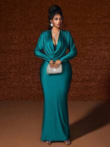SHEIN CURVE+ Elegantes Kleid in Große Größen mit drapiertem Ausschnitt und Fischschwanzsaum, Herbst - Grün - Übersicht 3