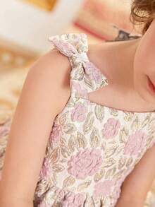 SHEIN Vestido sin mangas con decoración de lazo y bordado floral para niña - Multicolor - Ver 4