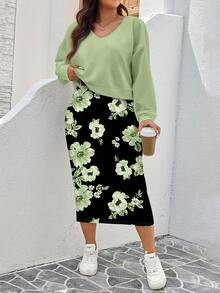SHEIN LUNE 大码女式花卉印花 V 领短款运动衫和连衣裙 2 件套，秋冬季休闲装