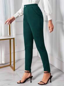 EMERY ROSE Slant Pocket Asymmetrical Hem Tailor Pants In Fall/Winter - Dark Green - View 6