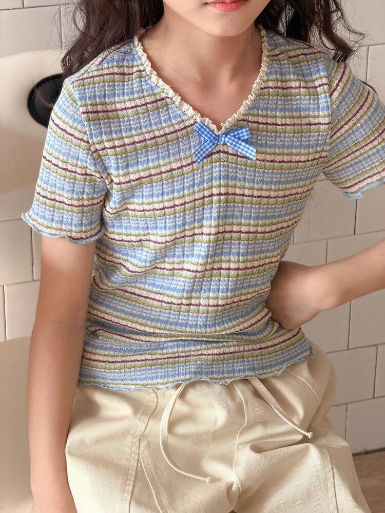 Tween Girl Striped Ruffle Trim Bow Decor Casual Versatile Daily Wear Short Sleeve T-Shirt Spring