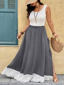Breezaya Plus Size Women Minimalist Woven Gray Patchwork White Lace Skirt With Tie Waist - Grey - View 6
