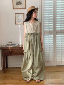DAZY Tween Girl Contrast Button Pocket Sleeveless Casual Wide Leg Jumpsuit Summer - Army Green - View 4