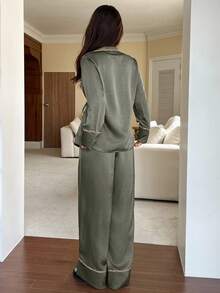 DAZY 2pcs Women's Textured Satin Contrast Polka Dot Trim Pajama Set, Autumn - Olive Green - View 2