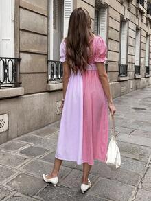 SHEIN PariChic 法式复古V领拼接泡泡袖连衣裙 – 红白撞色收腰中长裙，甜美性感又不失柔美时尚的风格，适合日常出行、度假和约会 – 娇小高挑身材皆宜 - 彩色 - 查看 2