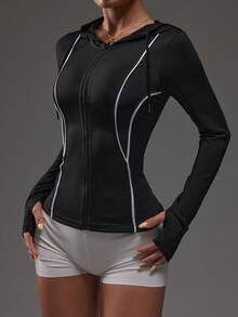 Dewbera Sports Chic Zip-Up Jacket With Mayan Jacquard Patchwork, Ribbed Trim, Fitted With Thumb Hole Cuff Long Sleeve Hoodie - Black - View 3