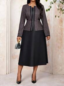 Fleurora Spring And Summer Autumn And Winter Elegant Commuting Office Work Colorful Knitted Flared Long Sleeve Plus Size Co-Ords Winter Clothes Winter Clothes For Women Spring Outfit Women Spring Clothing Elegant Women's Set Elegant Women's Sets Plus Size Women Houndstooth Long Sleeve Cardigan And Round Neck Sleeveless Dress Elegant 2 Pieces Set, Autumn Brown Dress - Multicolor - View 5