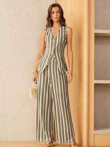 Lymera 春夏新款女士休闲时尚派对/通勤金属纽扣装饰设计，复古彩色条纹印花热销彩色条纹背心+裤子两件套 - 彩色 - 查看 4