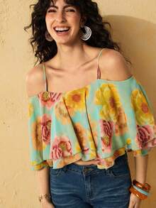 Felipe Marques Áo croptop nữ mùa hè đi biển in hoa, hở vai, xếp tầng, viền bèo nhún. - Nhiều màu - Xem 3