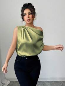 Chiquease Áo kiểu satin lệch vai xếp nếp dành cho nữ, trang phục thường ngày thanh lịch, phù hợp cho tiệc tùng, công sở, sinh hoạt hàng ngày, mùa xuân/hè. - xanh quân đội - Xem 3