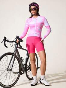 Core Rhythm 女士渐变粉色长袖修身骑行夹克，带防滑条，适合骑行和户外运动