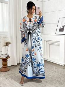 Yasmyna Women's Floral Print Tassel Tie Neck Long Sleeve Loose Arabic Style Dress Kaftan Jalabiya Dress Caftan Dress Mediterranean Style Clothes - Multicolor - View 2