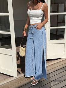 Sunnyshic Casual Washed Side Slit Straight Leg Jeans - Light Wash - View 4