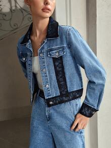Selenza 女士时尚通勤撞色蕾丝牛仔夹克 - 藍色 - 查看 6