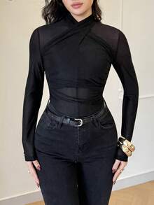 Modelyn 女士纯色交叉裹身衬衫，适合通勤 - 杏色 - 查看 2