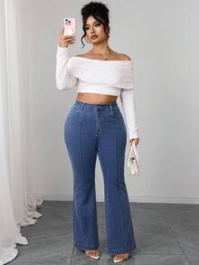 Elenzga Pantalones acampanados de mezclilla elástica de color azul medio elegantes y cómodos para mujer de talla grande - Azul lavado medio - Ver 5