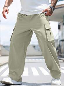 Manfinity Homme Plus Size Men's Drawstring Waist Pockets Casual Loose Fit Cargo Pants, Versatile For Daily Wear - Apricot - View 3