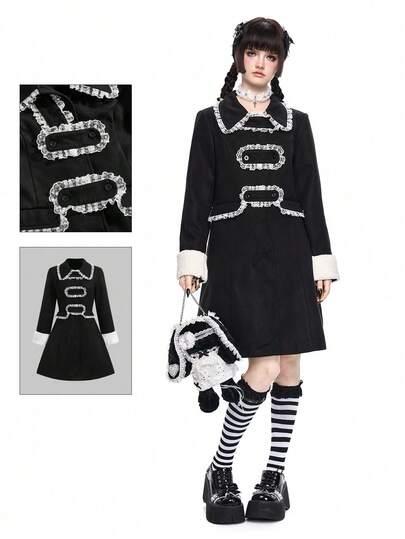 Goth Cappotto in misto lana di stile gotico, aderente, con bordo in pizzo e apertura frontale, di lunghezza media