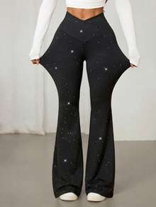 SHEIN PETITE Fashionable Cross Waist Shiny Flared Pants - Black - View 6