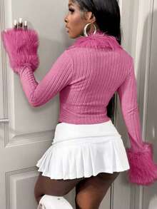 BamGleam Áo thun nữ dài tay ôm dáng màu trơn, cài cúc phía trước, viền lông giả, màu hồng, phong cách Y2K Club, gợi cảm, thích hợp cho ngày Valentine. - Màu Hồng Tươi - Xem 2