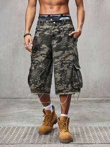 SHEIN HOT STUFF Men's Loose Fit Camouflage Cargo Shorts, Street Style, Summer - Army Green - View 5
