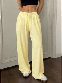 SHEIN EZwear Women's Soft Knit Cream Yellow Lounge Pants, Spring/Summer