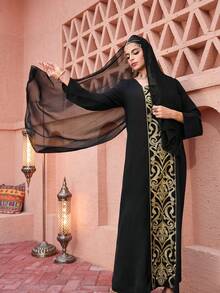 Al Najma Elegant  Arabic Style Gold Thread Embroidery Patchwork Maxi Dress For Women - Black - View 5