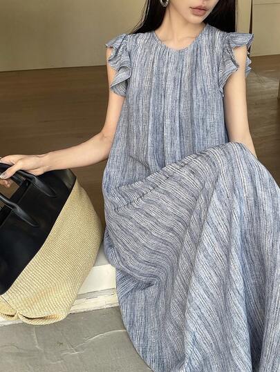 DAZY 女士纯色圆领休闲宽松长连衣裙，适合约会、外出度假等场合。