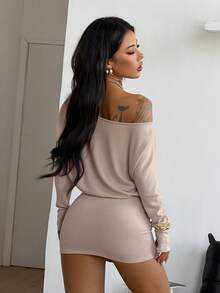 Coolane Đầm dệt kim dài tay cổ tròn màu trơn dành cho nữ, kiểu dáng thường ngày. - Màu Khaki - Xem 6