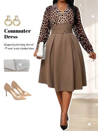 Fleurora Vestido de talla grande con estampado de leopardo y parches, de estilo fashionable para uso diario