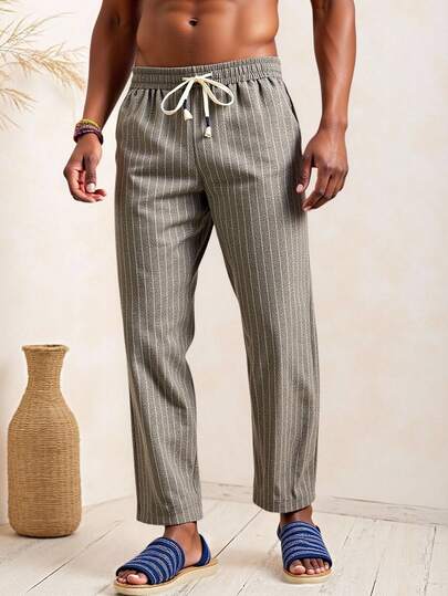 HIMLAND 男士条纹印花抽绳腰带休闲裤，带斜插口袋