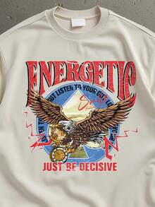 StoneGrade 复古美式闪电秃鹰摇滚朋克海报印花男士常规版型短袖T恤，约会聚会必备，时尚百搭，适合送给男友 - 杏色 - 查看 2