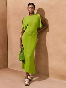 Zivah Vestido maxi de manga corta con cuello redondo, cintura fruncida, de tela tejida de color amarillo-verde, con silueta ajustada, cierre oculto en la espalda, elegante y minimalista, de estilo casual y romántico, nueva llegada primavera 2025 - Verde - Ver 5