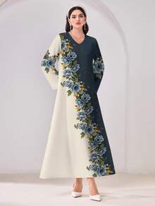 Al Najma فستان عربي محتشم بطبعة زهور وياقة على شكل حرف V وأكمام طويلة