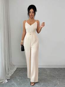 Rafferiza Stylish And Elegant Suspender Jumpsuit With Metal Buckle Detail At The Waist, Apricot Wide-Leg Pants, Women's Spring And Summer Elegant Jumpsuit, Women's Summer Outfit, Women's Casual Wear, Women's Apricot Jumpsuit Summer Clothing - Apricot - View 6