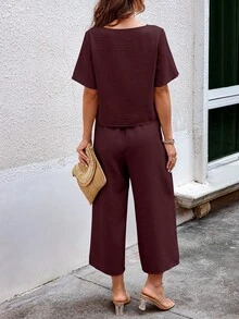 SHEIN LUNE 女士波西米亚风图案拼接短袖两件套 - 酒紅色 - 查看 2