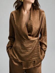 Ontre 2026 Spring/Summer New Brown Metallic Fabric Long Sleeve Ruched Blouse, Suitable For Modern Urban Party, Back To School Season, Urban Minimalist Casual Daily Wear, Bohemian Style, Vacation, Festivals, Spring, Valentine's Day Carnival, Women's Beach & Party Elegant Outfit - Camel - View 4