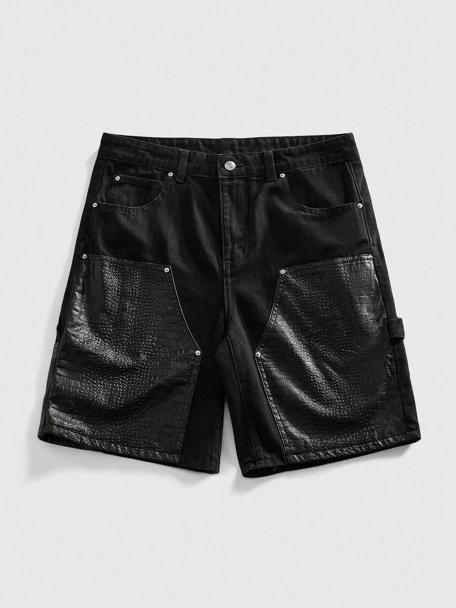 ROMWE MEN Essentials Men's Casual Pockets Faux Leather Patchwork Denim Cargo Shorts Spring/Summer - Black - View 1