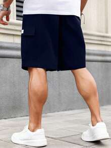 Manfinity Homme 加大码男士抽绳腰带口袋休闲百搭通勤短裤 - 藏蓝色 - 查看 2
