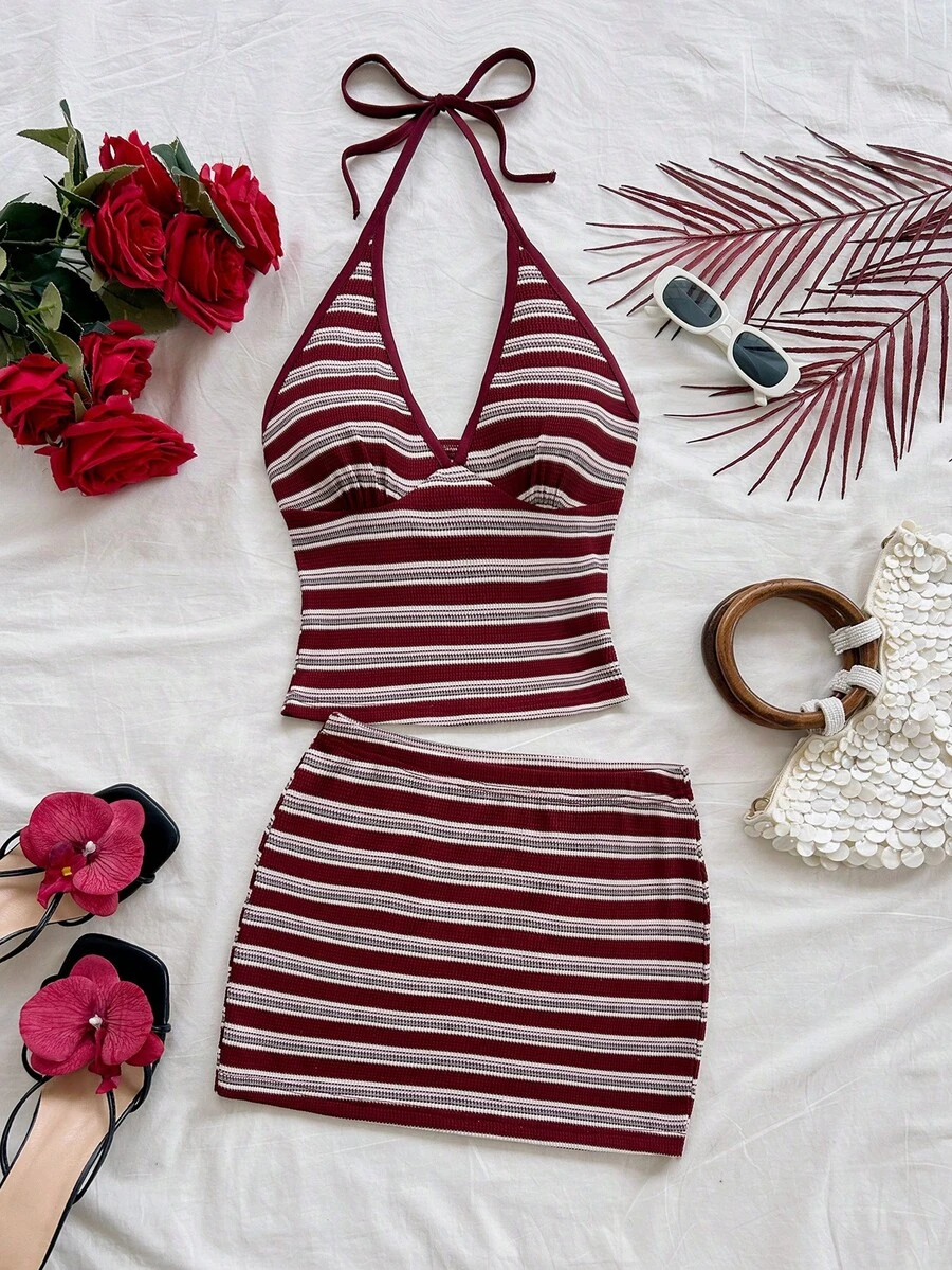 Soleia Conjunto de 2 piezas de mujer con top halter y minifalda con estampado floral, adecuado para la playa/vacaciones - Multicolor - Ver 1