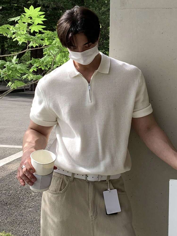 Men's Solid Color Polo Neck Knit Top, Summer