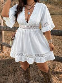 Ceyna Đầm nữ cỡ lớn màu trắng tay ngắn mùa hè, kiểu dáng thường ngày, cổ chữ V, ren, eo khoét, dáng chữ A ôm sát. - trắng - Xem 3