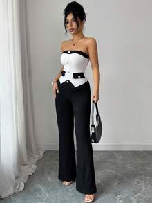 Elenzga American Sexy Minimalist Asymmetrical Contrast Color Spaghetti Strap Crop Top + Elastic Waist Slim Fit Flare Pants 2 Pieces Set, Fashion Casual Versatile Design - Black and White - View 4