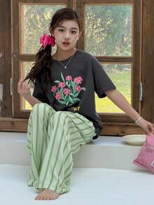 DAZY 2pcs Kids Girls Crew Neck Printed Short Sleeve T-Shirt + Striped Pants Casual Outfit Set - Dark Grey - View 6